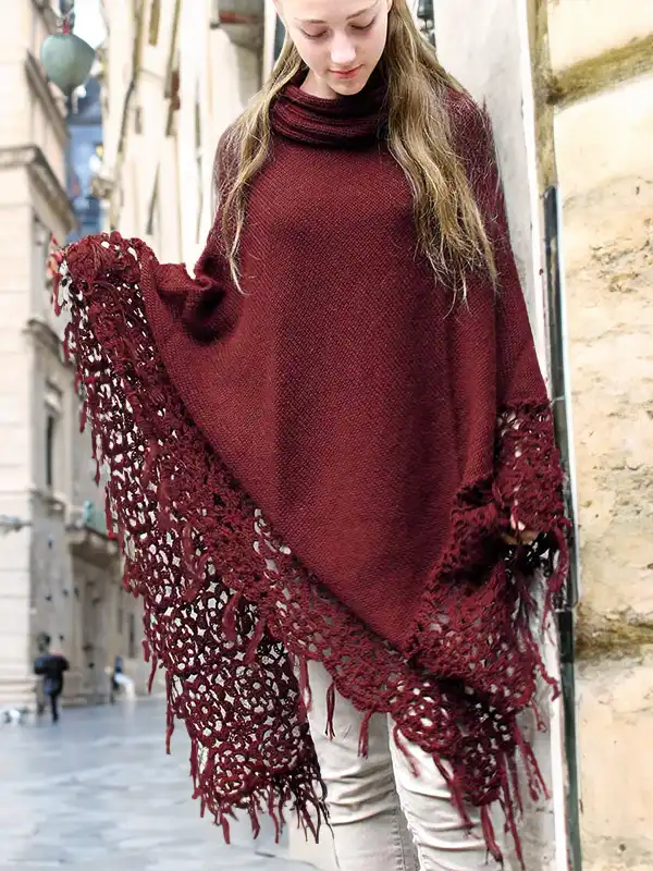 red wool poncho girl with elegant red alpaca wool poncho