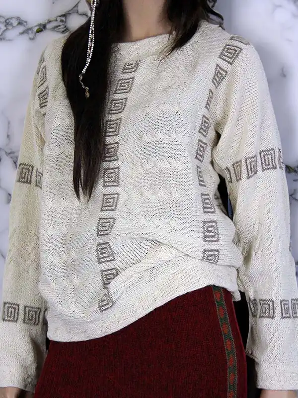 Women's alpaca sweater Handmade women's wool sweater with white wool and ethnic design