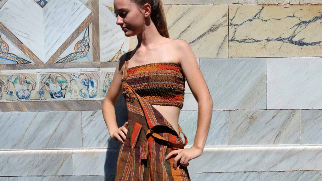 Women's Pinafore Dress young woman wears pinafore dungarees