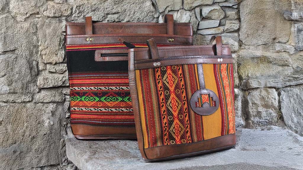 Leather boho handbags with Chinchero textiles Leather boho handbags with Chinchero textiles