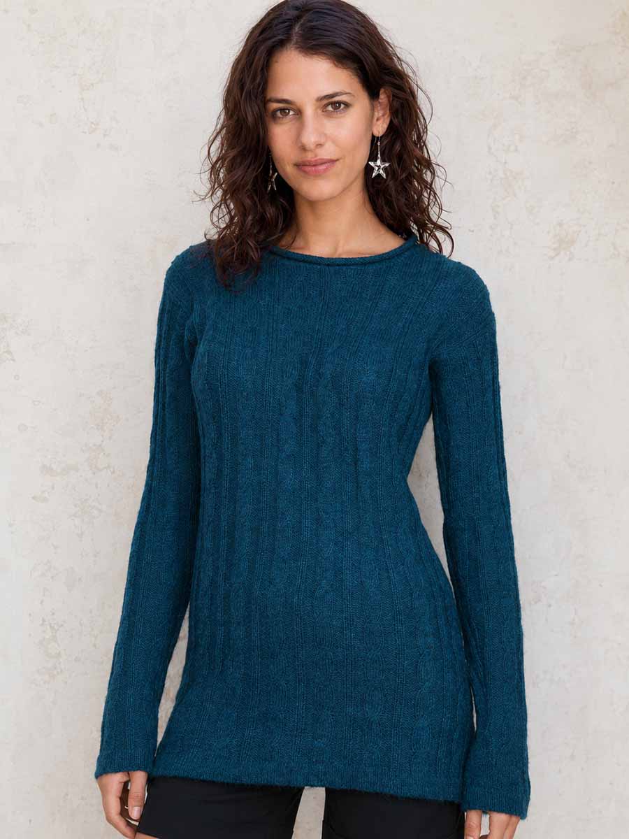 Alpaca knitwear: Zora women’s cable knit jumper Womens long blue Zora alpaca jumper with cable knit pattern