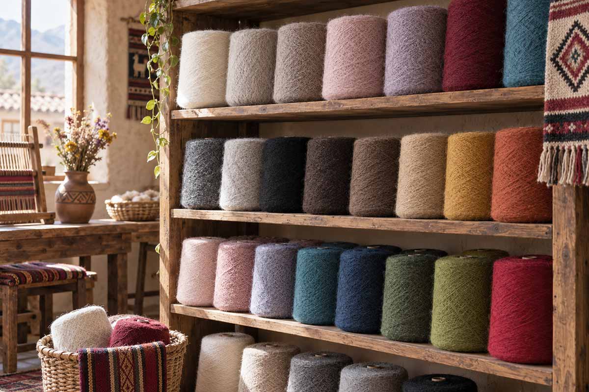 Alpaca yarn in natural colours and different shades Cones of alpaca yarn in natural colours and different shades